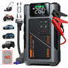 A portable jump starter and tire inflator device with a digital display showing 260 KPA, along with various accessories.