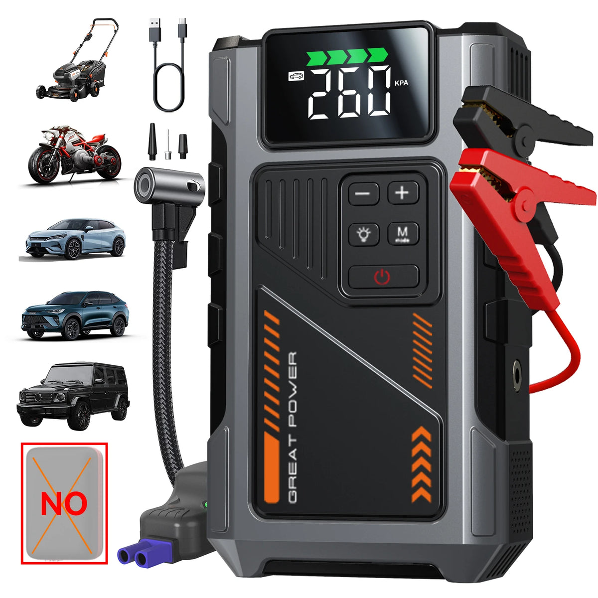 A portable jump starter and tire inflator device with a digital display showing 260 KPA, along with various accessories.