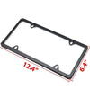 Black stainless steel license plate frame with mounting hardware, measuring 12.4 inches long and 6.4 inches wide.