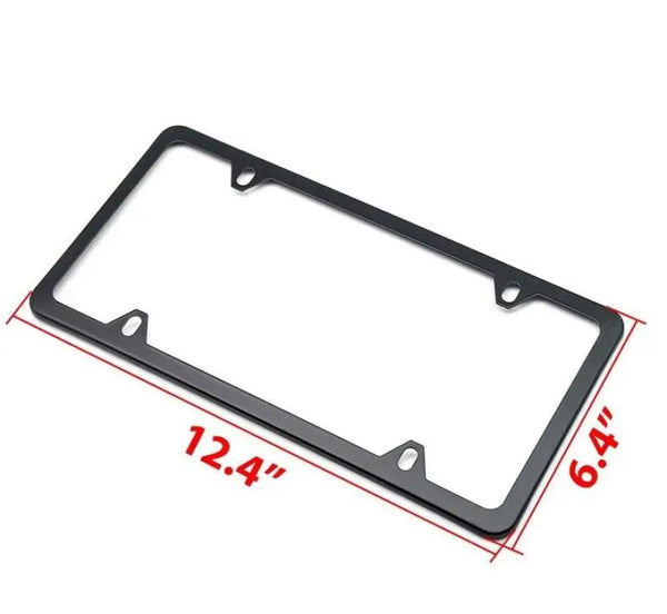 Black stainless steel license plate frame with mounting hardware, measuring 12.4 inches long and 6.4 inches wide.