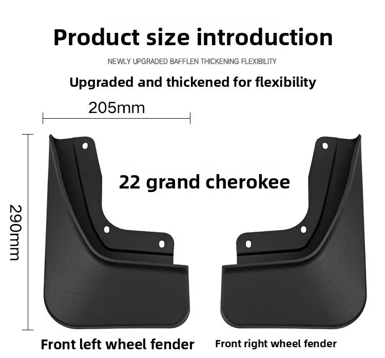 Black mud flaps for front left and right wheel fenders of a Jeep Grand Cherokee.