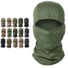 A variety of camouflage colored tactical balaclavas and a full face mask in olive green.