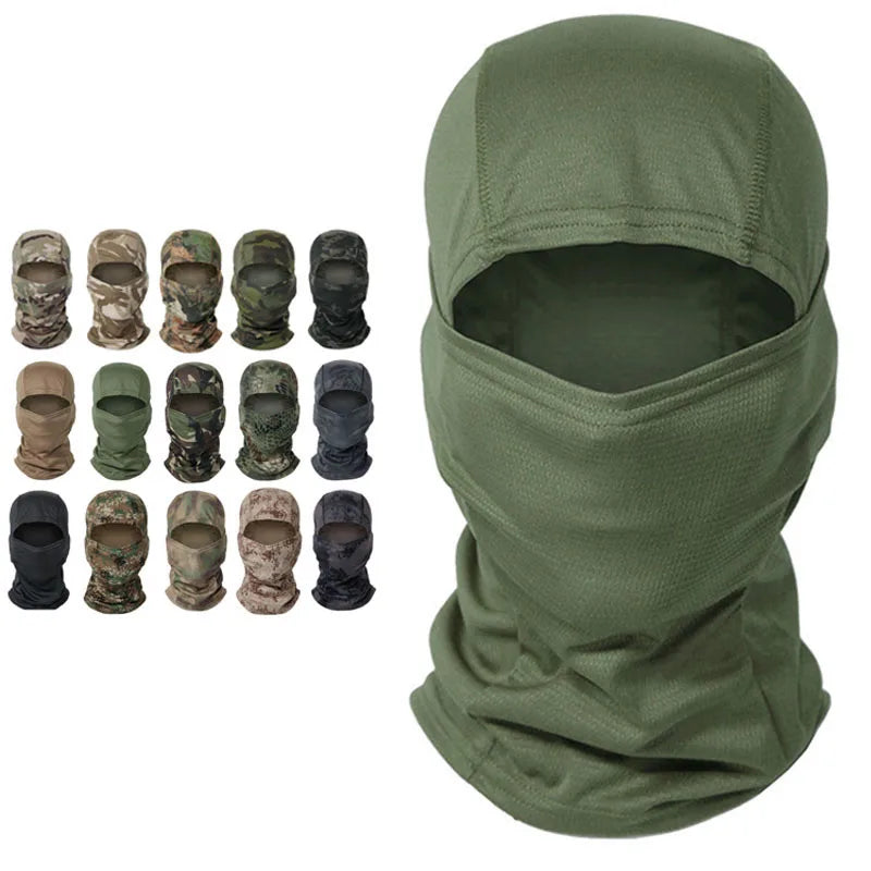 A variety of camouflage colored tactical balaclavas and a full face mask in olive green.