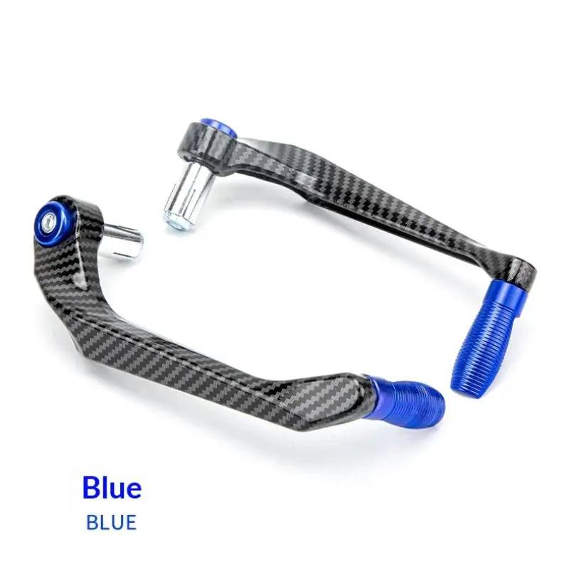 A black carbon fiber motorcycle hand guard and lever protector with blue accents.