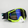 A pair of bright neon yellow and black off-road motorcycle riding goggles with blue reflective lenses.