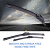 A pair of black natural rubber windshield wiper blades shown against a wet, overcast sky and a road surface.