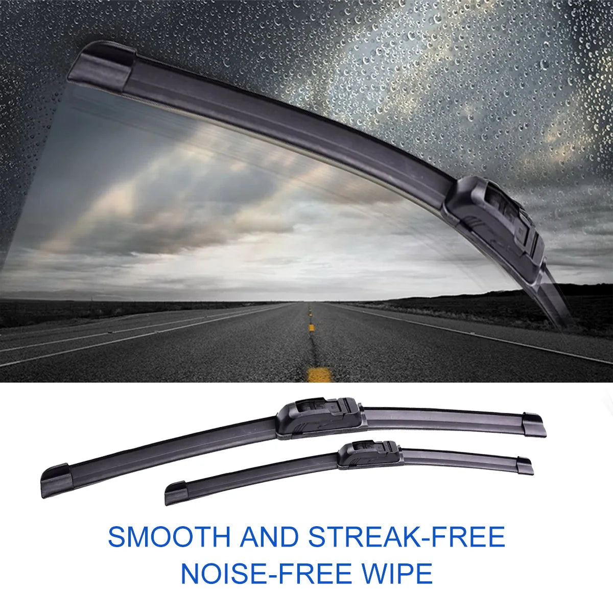 A pair of black natural rubber windshield wiper blades shown against a wet, overcast sky and a road surface.