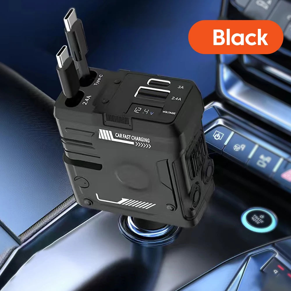 A black 120W multi-port car charger with multiple output ports is shown resting on a car interior surface.