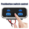 A hand presses a push button switch control panel featuring multiple USB ports for vehicle charging.
