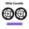 Two black coasters featuring a white camellia flower design, suitable for car cup holders.