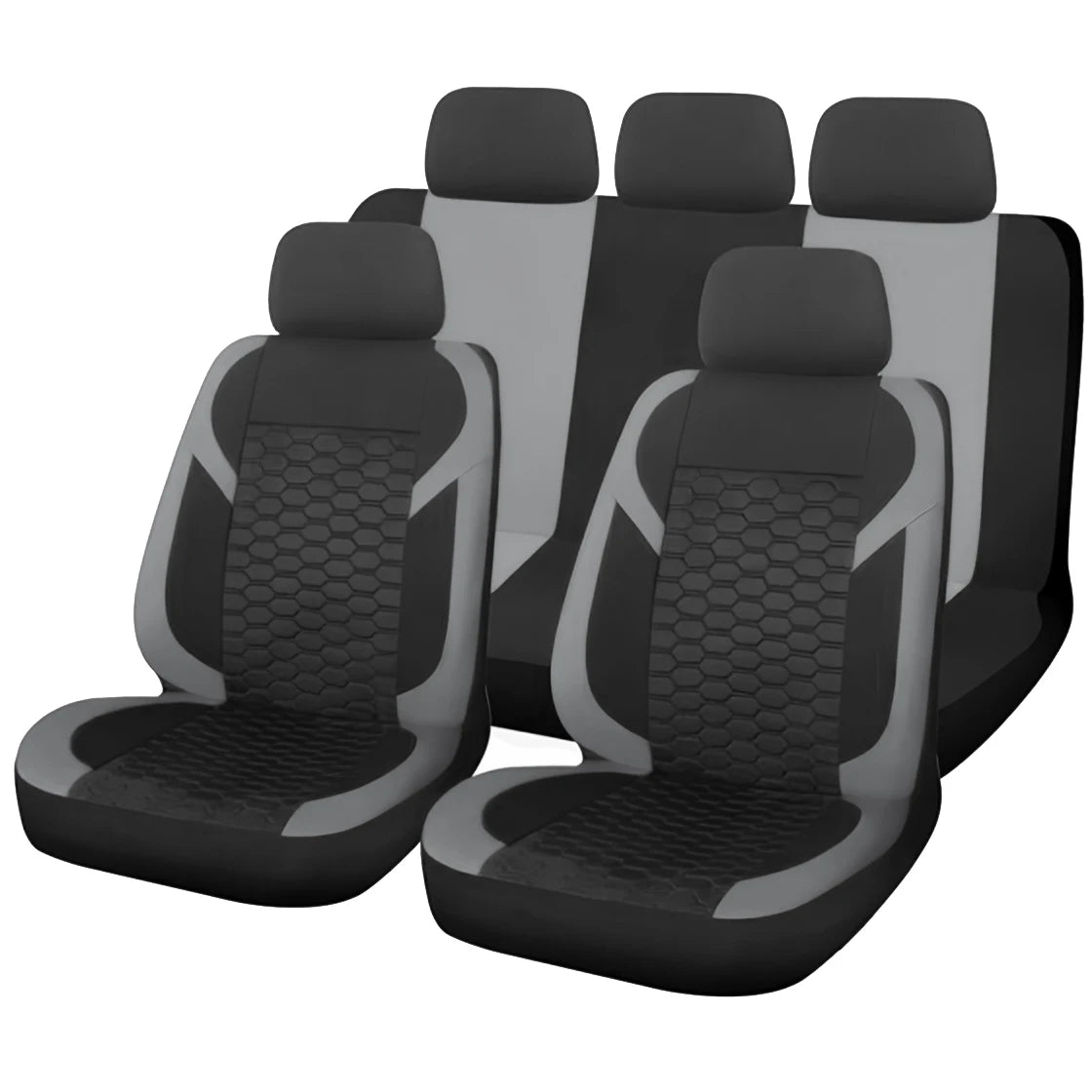 Ein Set schwarze universelle Autositzeinlagen mit Honigwabenstickerei.