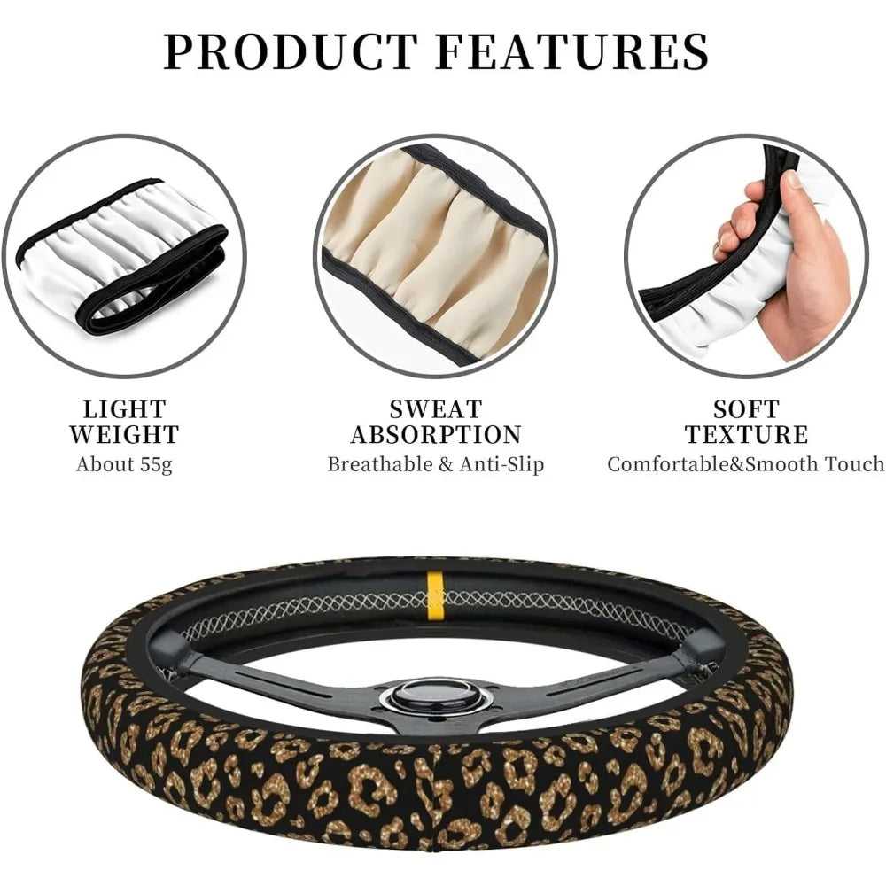 Black steering wheel cover with leopard cheetah print texture and breathable material features