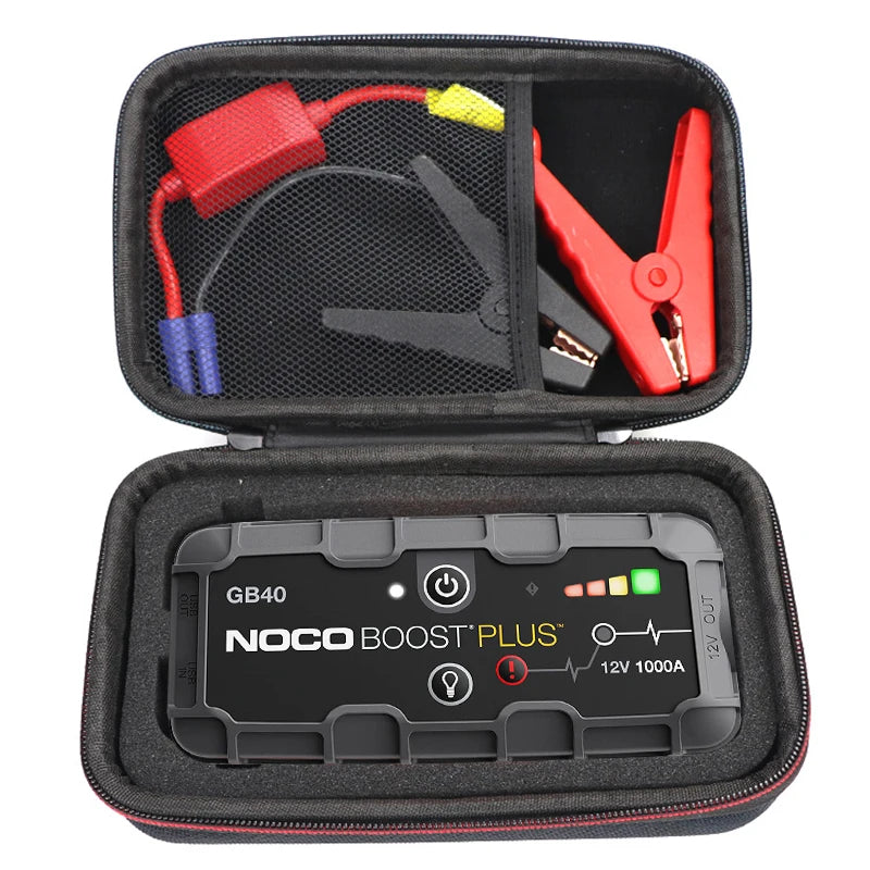 A black protective case for a NOCO BOOST PLUS lithium jump starter battery and cables.