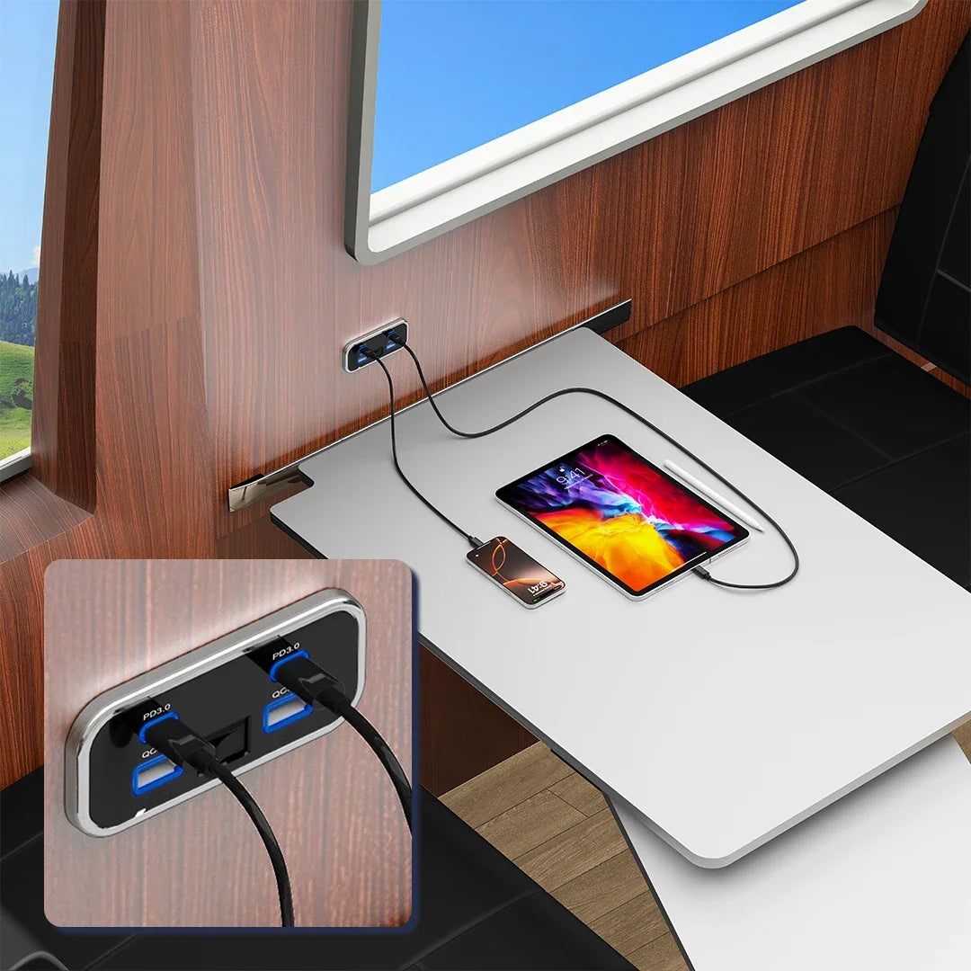 A panel featuring dual USB-C and USB-A ports for fast charging, shown in a vehicle interior setting.