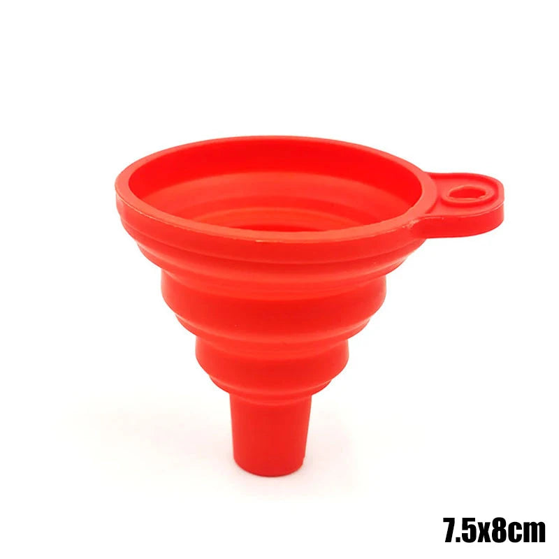 A bright red silicone funnel with a wide mouth and narrow base for pouring fluids.
