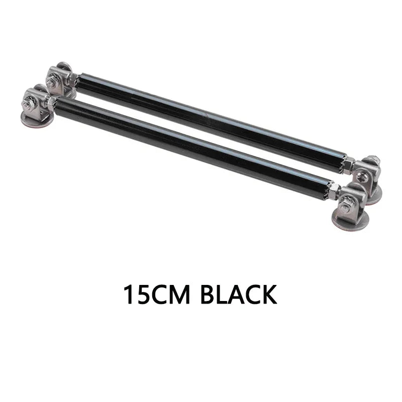A pair of black universal adjustable bumper lip splitter rods.