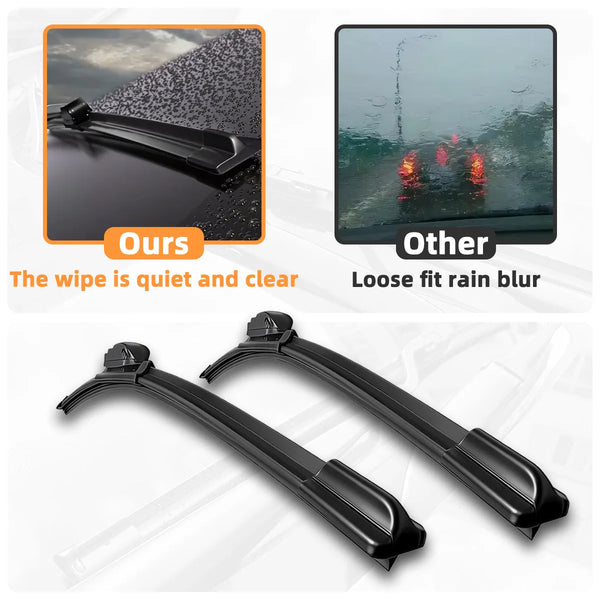 A set of black universal car wiper blades shown alongside a comparison of clear wiping and rain blur.