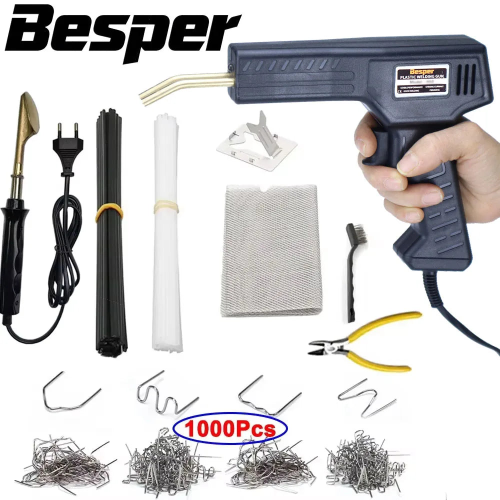 A set of heavy duty plastic repair welder components including a handheld tool, wire, and various metal pieces.