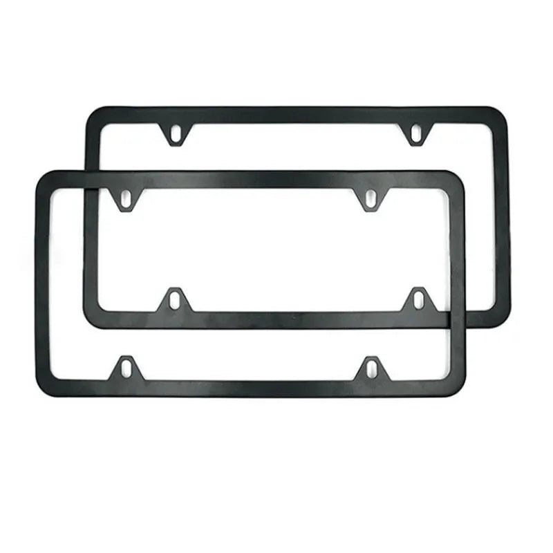 A pair of black stainless steel license plate frames with mounting hardware.
