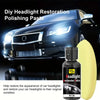 A bottle of headlight restoration polishing paste next to a car headlight for restoration.