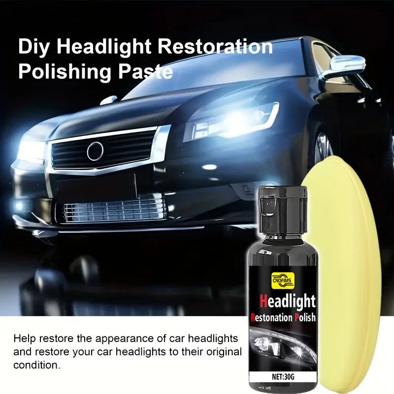 A bottle of headlight restoration polishing paste next to a car headlight for restoration.