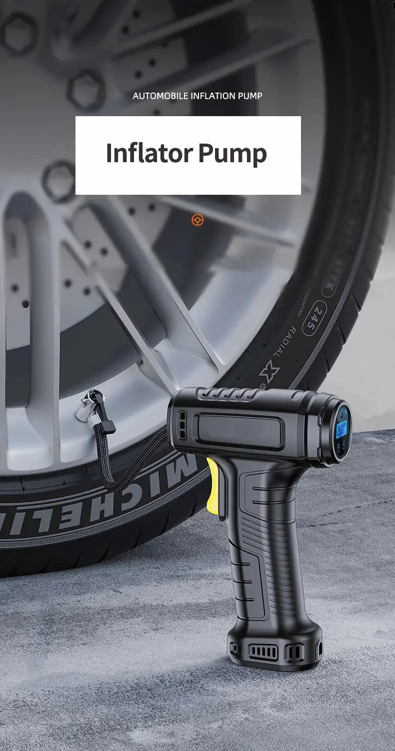 A black portable digital tire air pump is shown next to a tire, with text indicating it is an inflator pump.