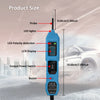 Sonde de test électrique automobile bleue avec LED, écran LCD et interrupteur de sortie, présentée contre un fond enneigé