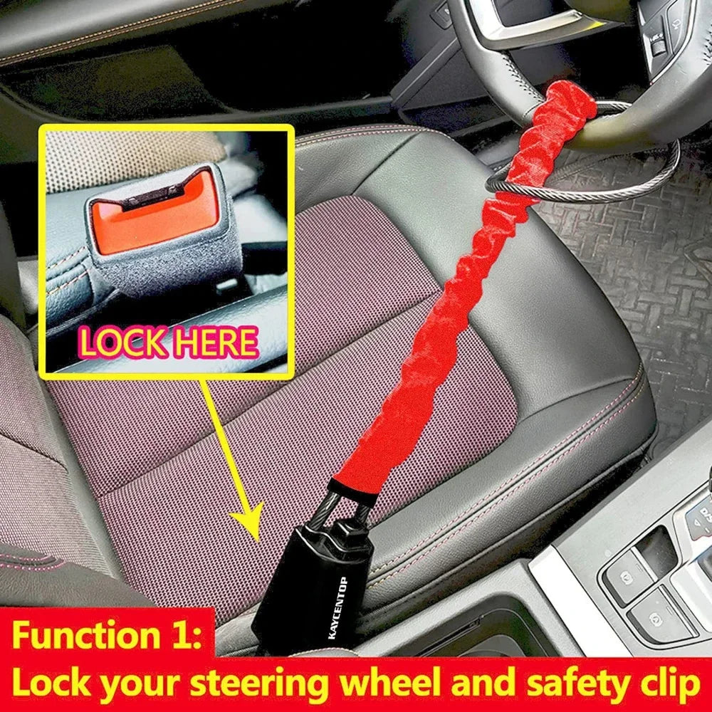 A red locking mechanism is shown securing a steering wheel and seat belt in a car interior.