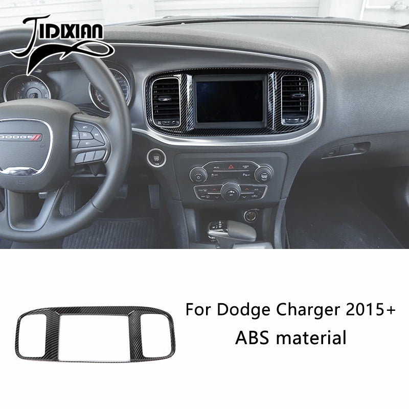 Carbon fiber interior trim kit for a Dodge Charger dashboard and steering wheel.