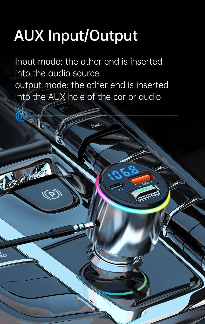 A close-up view of a silver Bluetooth FM transmitter device inserted into a car audio port.