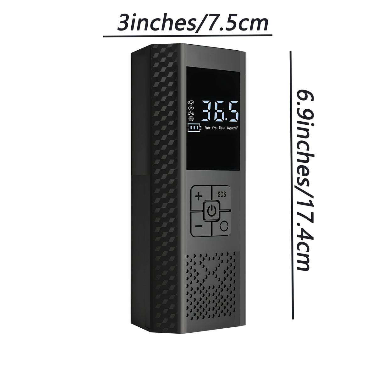 A black portable electric tire inflator and air compressor device with a digital display.