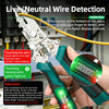 A hand holds a multi-function electrician tool set with a sensor for live/neutral wire detection.