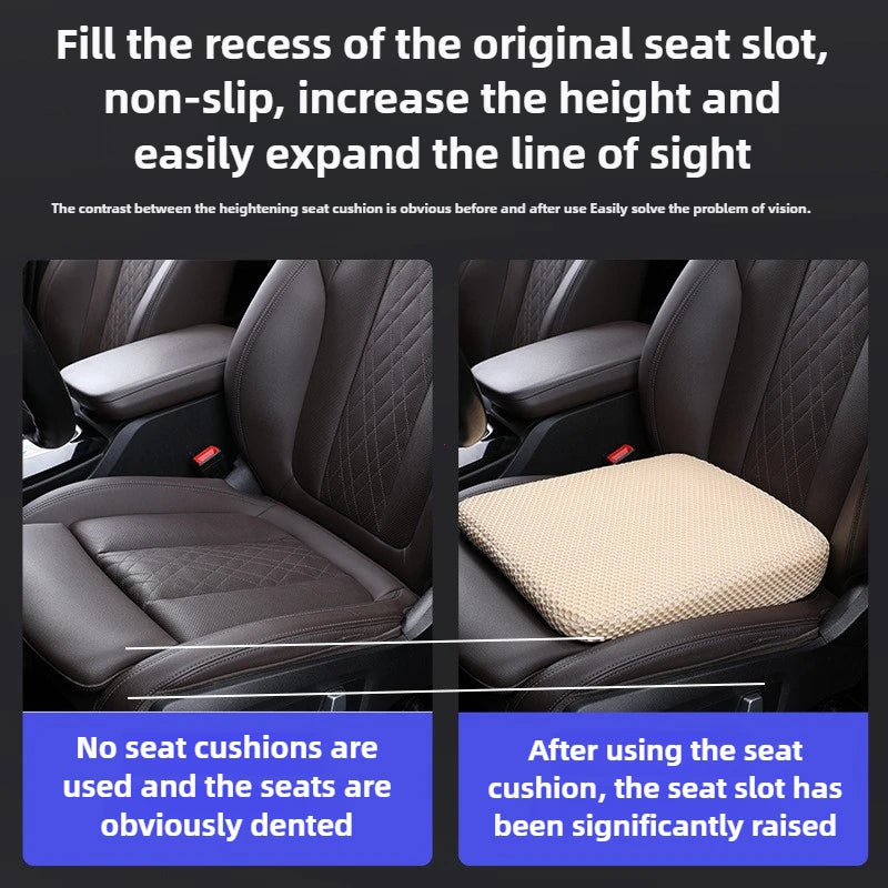 A car seat booster cushion is shown being inserted into a seat slot, demonstrating how it increases the height and expands th