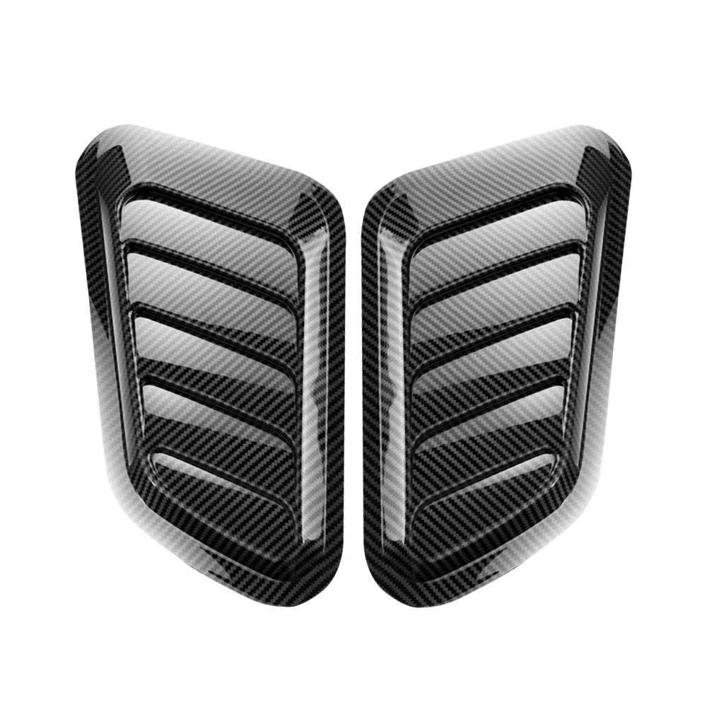 Black carbon fiber car hood scoop vent trim piece.