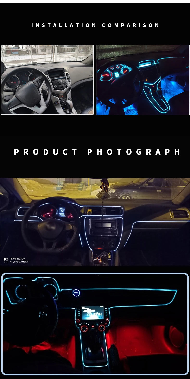 Installation comparison showing a car interior with blue ambient lighting and a product photograph of flexible LED strips.