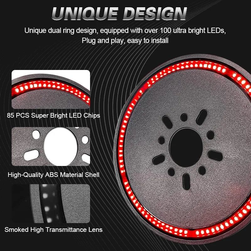 Close-up view of a round LED light assembly with a smoked lens and a textured shell.