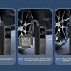 Three steps showing how to use a portable electric tire inflator and air compressor device