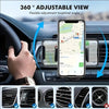 A hand holds a smartphone mounted in a car air vent, demonstrating a 360 degree adjustable view feature.