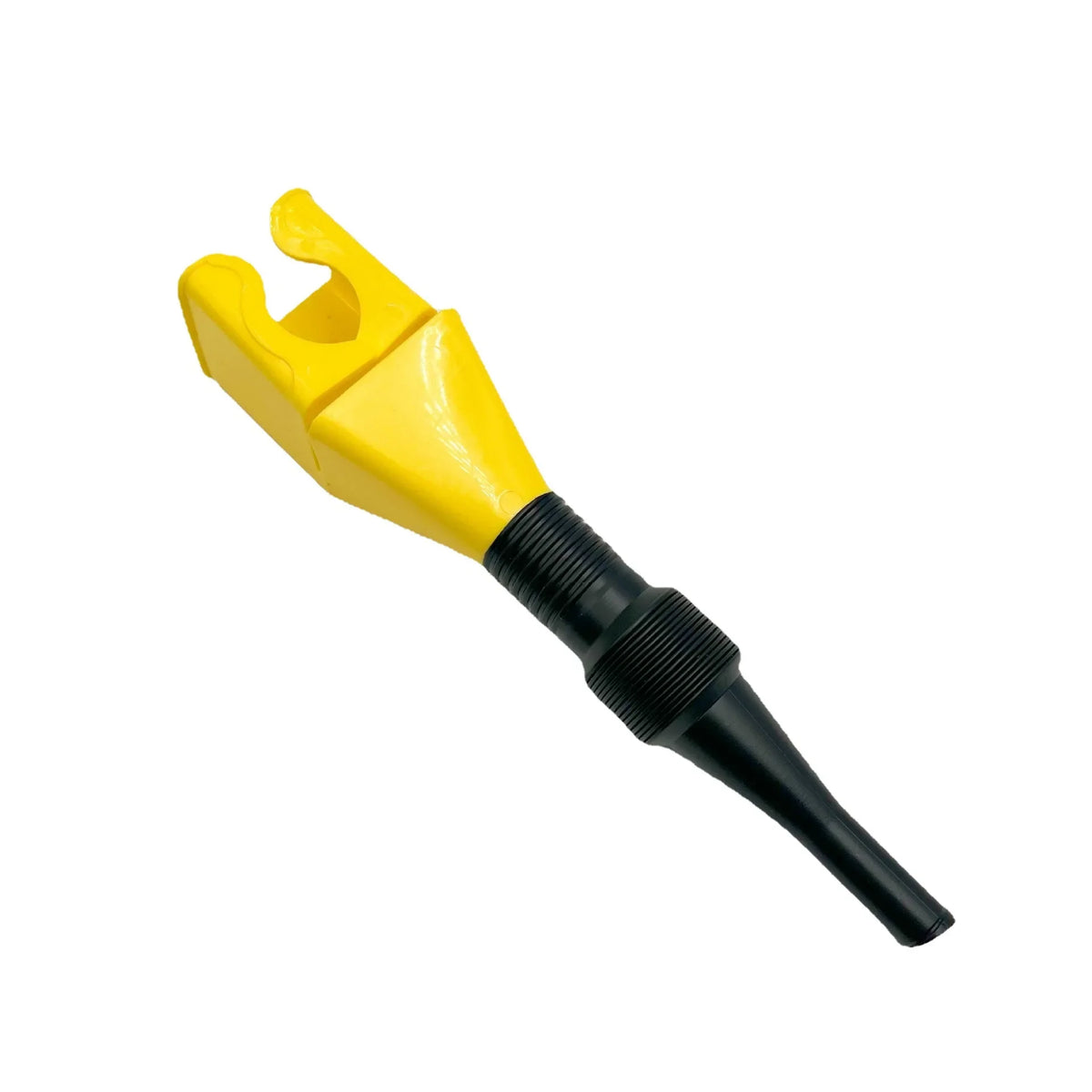 Embudo plegable amarillo para repostar combustible de coche y motocicleta con boquilla negra.