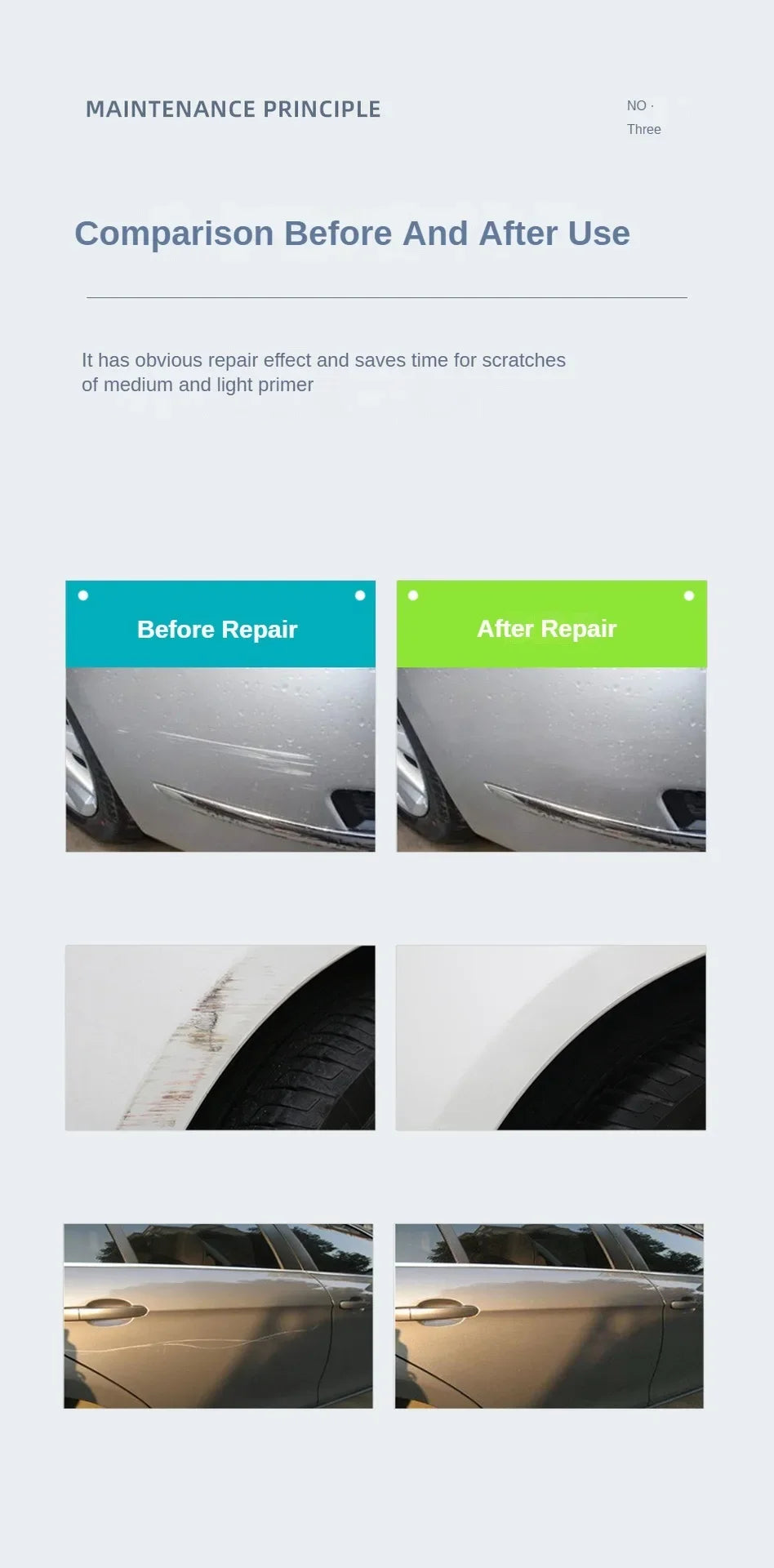 Comparaison avant/après d'une réparation de rayure de voiture avec des apprêts moyens et légers.
