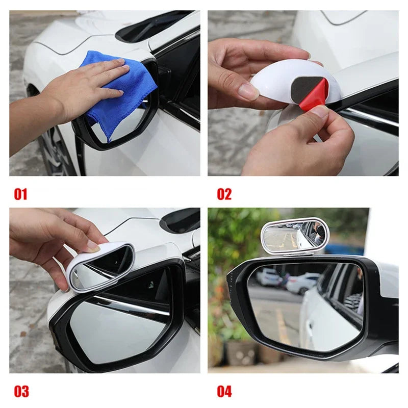 Vier Schritte zur Installation und Verwendung eines 360°-Universal-Rückspiegels für das Auto.