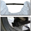 White waterproof cover for a motorcycle or scooter, shown with a black strap.