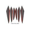 A set of five black and red carbon fiber pattern car bumper lip spoiler fins.