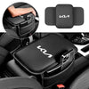 A black car armrest storage organizer pad is shown in various views, including a close-up of the product and its installation