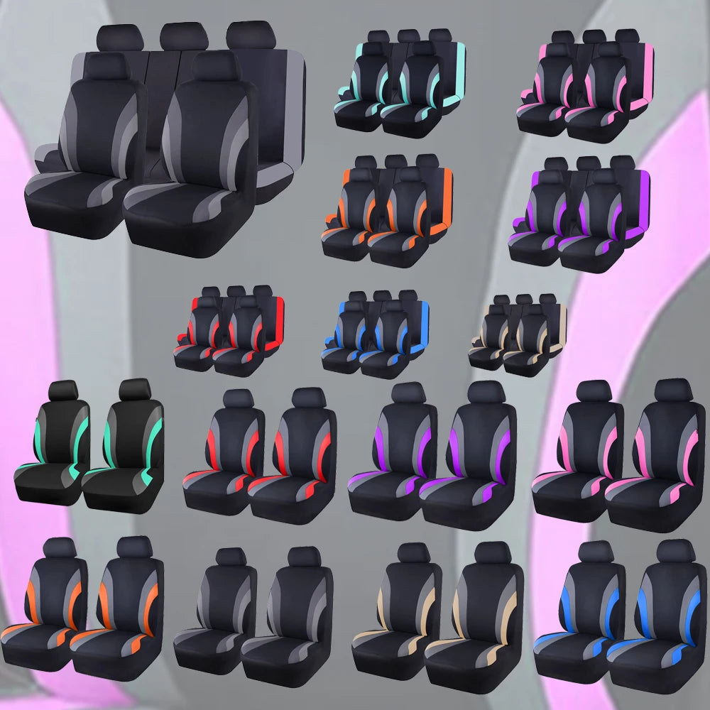 A collection of black car seat covers in various colors and patterns displayed from different angles.
