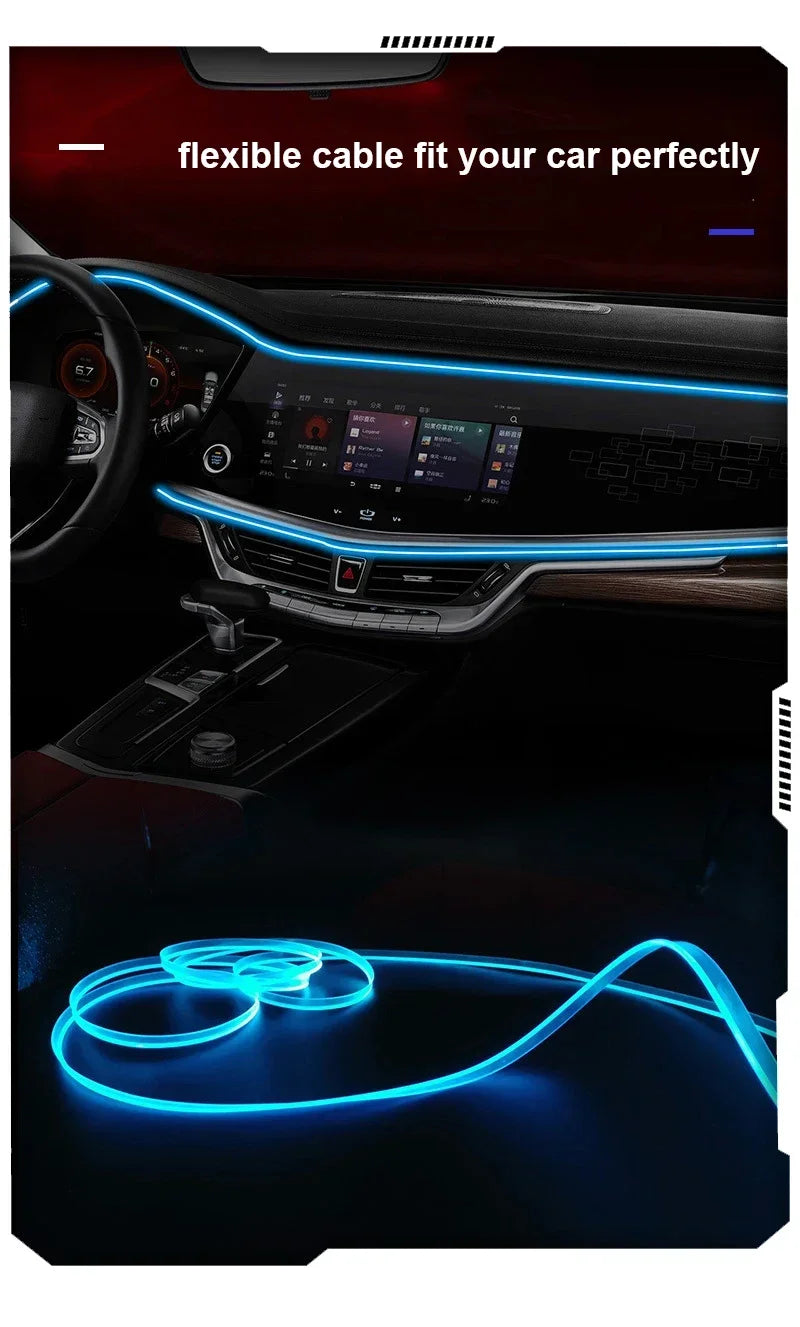 Flexible blue fiber optic LED cable fitting into a car interior dashboard