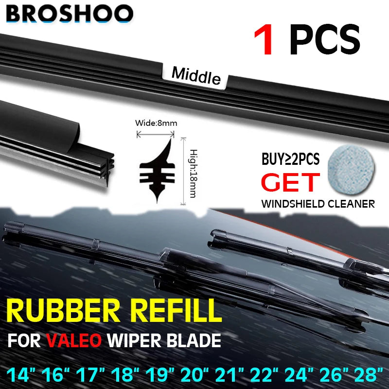 Black rubber refill inserts for Valeo wiper blades, sold as one piece.