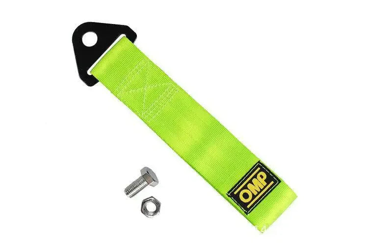 Bright lime green heavy-duty bumper tow hook with a rope for vehicle recovery