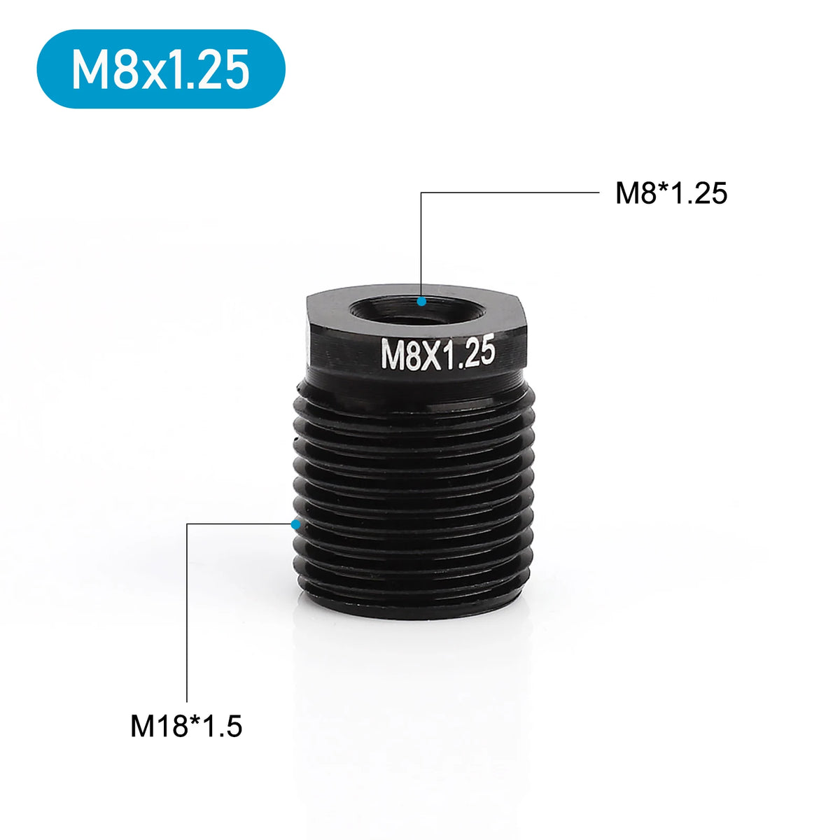 Black M8x1.25 threaded adapter with an M18x1.5 thread shown.
