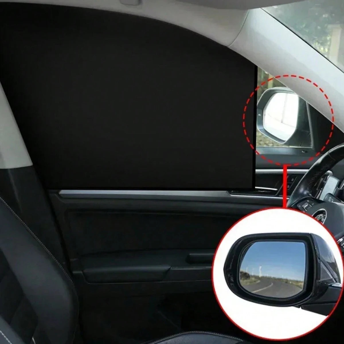 Magnetic car window sunshades installed on a vehicle interior, showing the shade covering the side window.